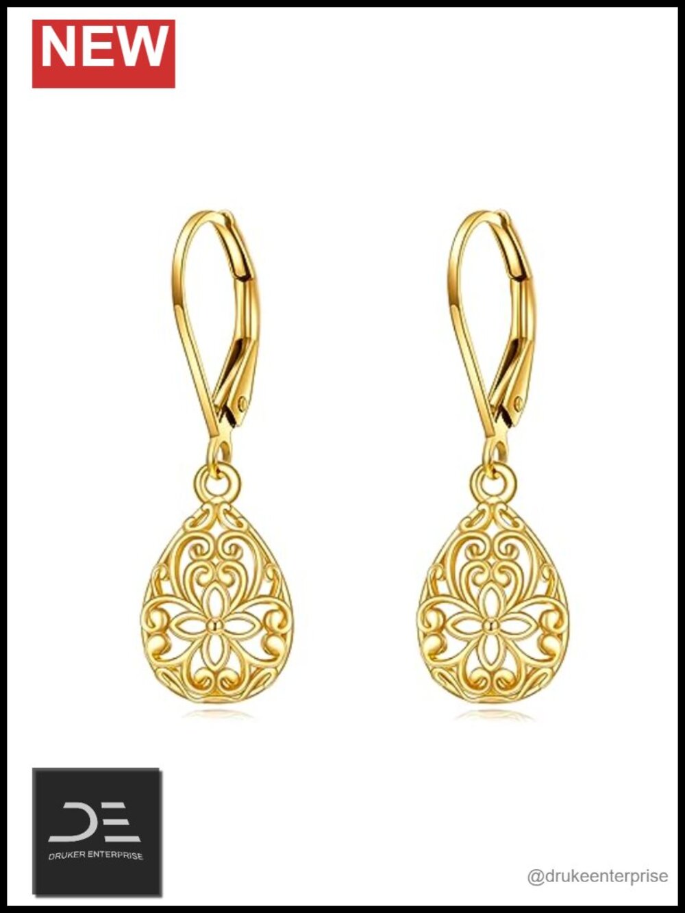 14K Solid Yellow Gold Filigree Dangle Leverback Earrings for Women